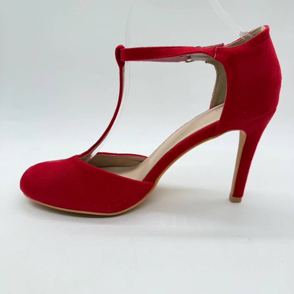 Red Faux Suede T-Strap Pumps Womens Size 9 Round Toe Stiletto Heels Ankle Strap - Picture 2 of 8